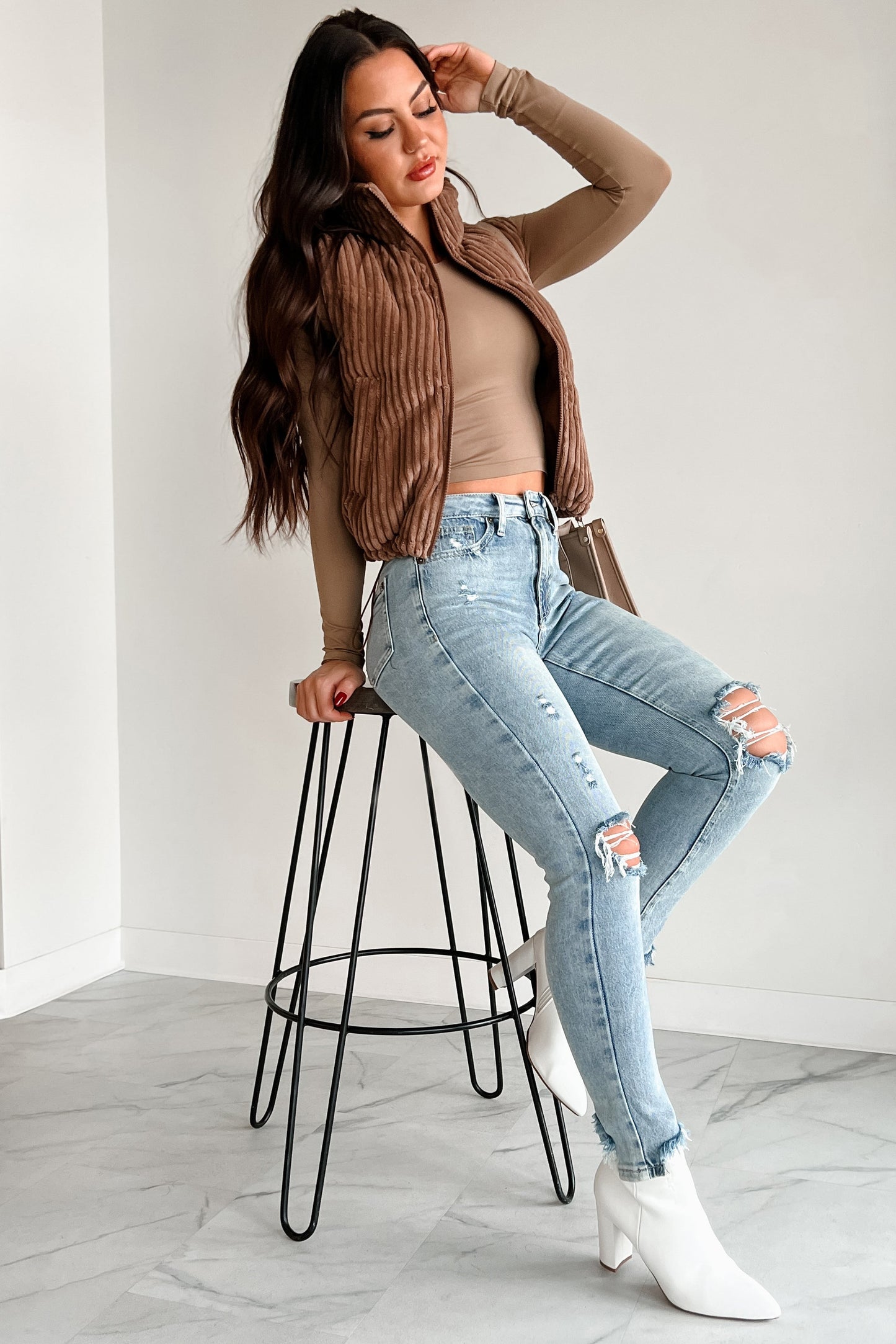 Vince High Rise Distressed Special A Slim Straight Jeans (Medium Light)