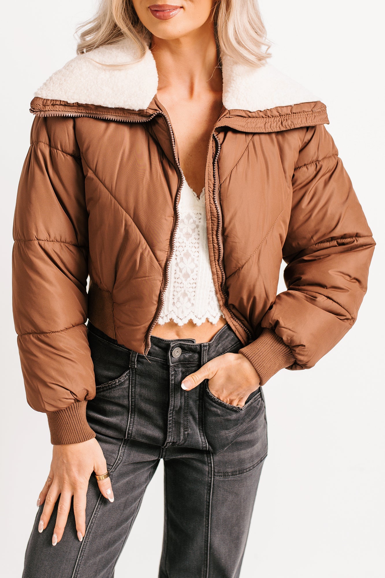 Up To Snow Good Quilted Puff Jacket (Brown)