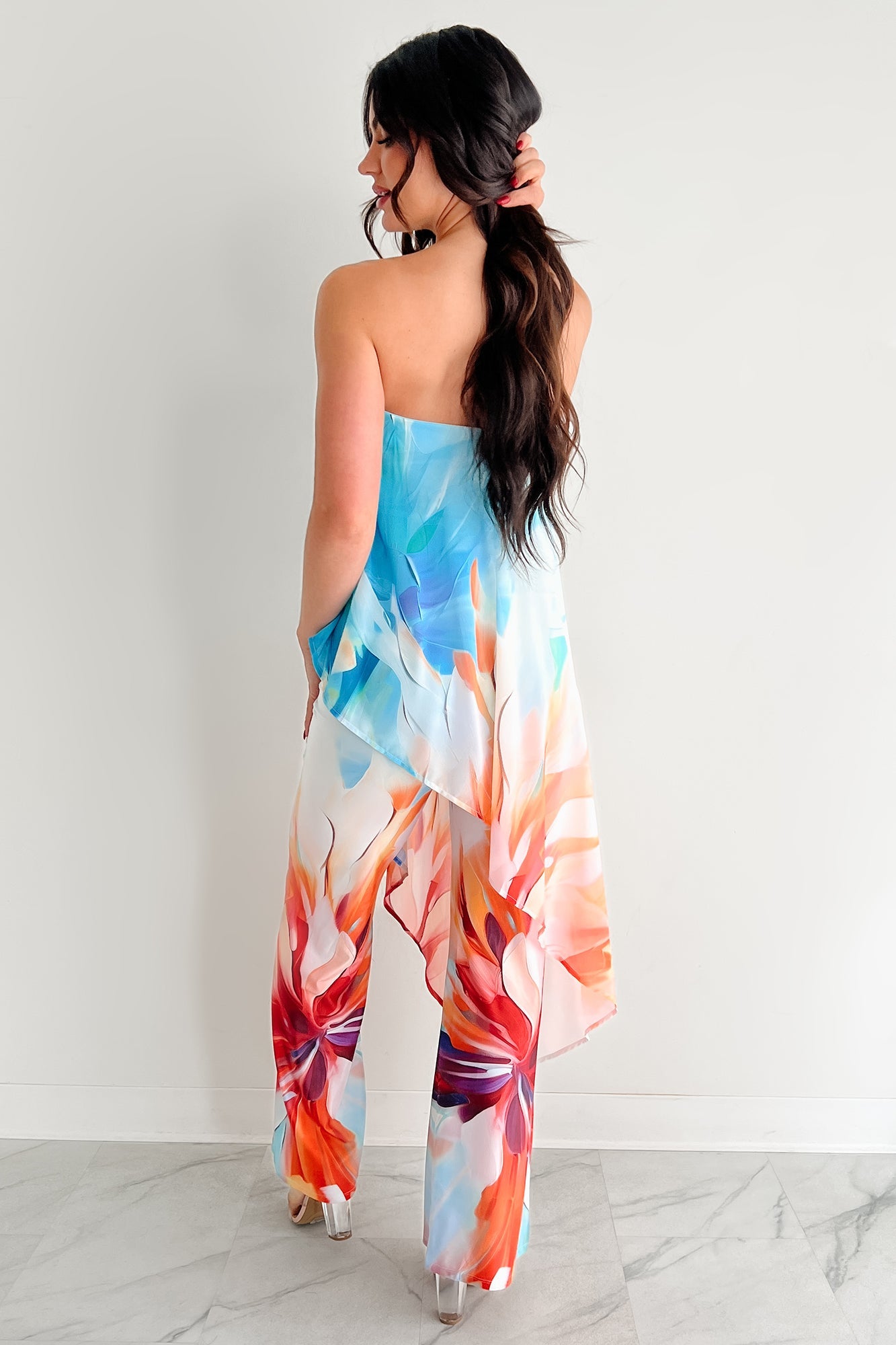 Wander Wildly Strapless Flowy Jumpsuit (Blue/Multi)
