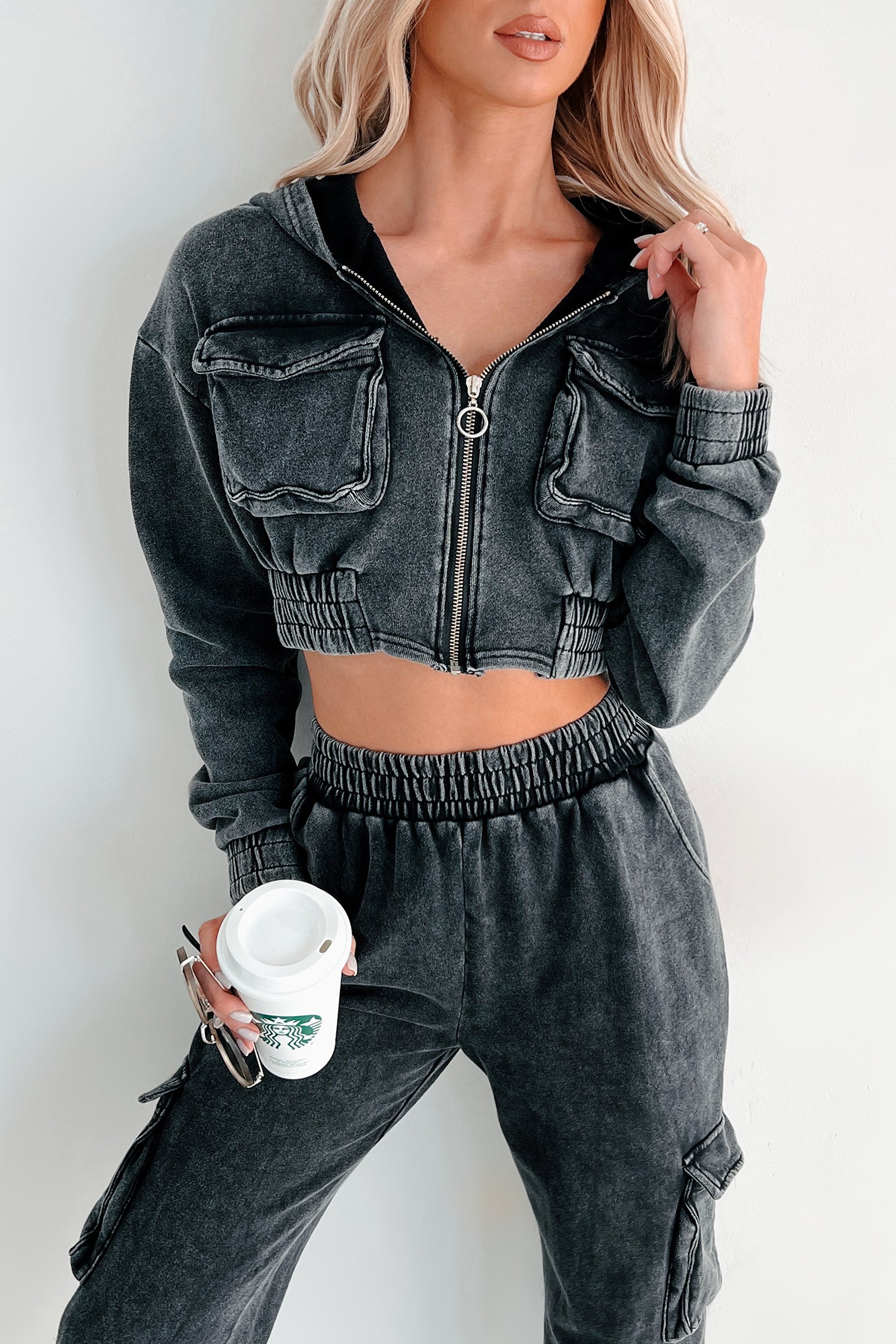 Talk Later Mineral Wash Hoodie & Sweatpants Set (Black)