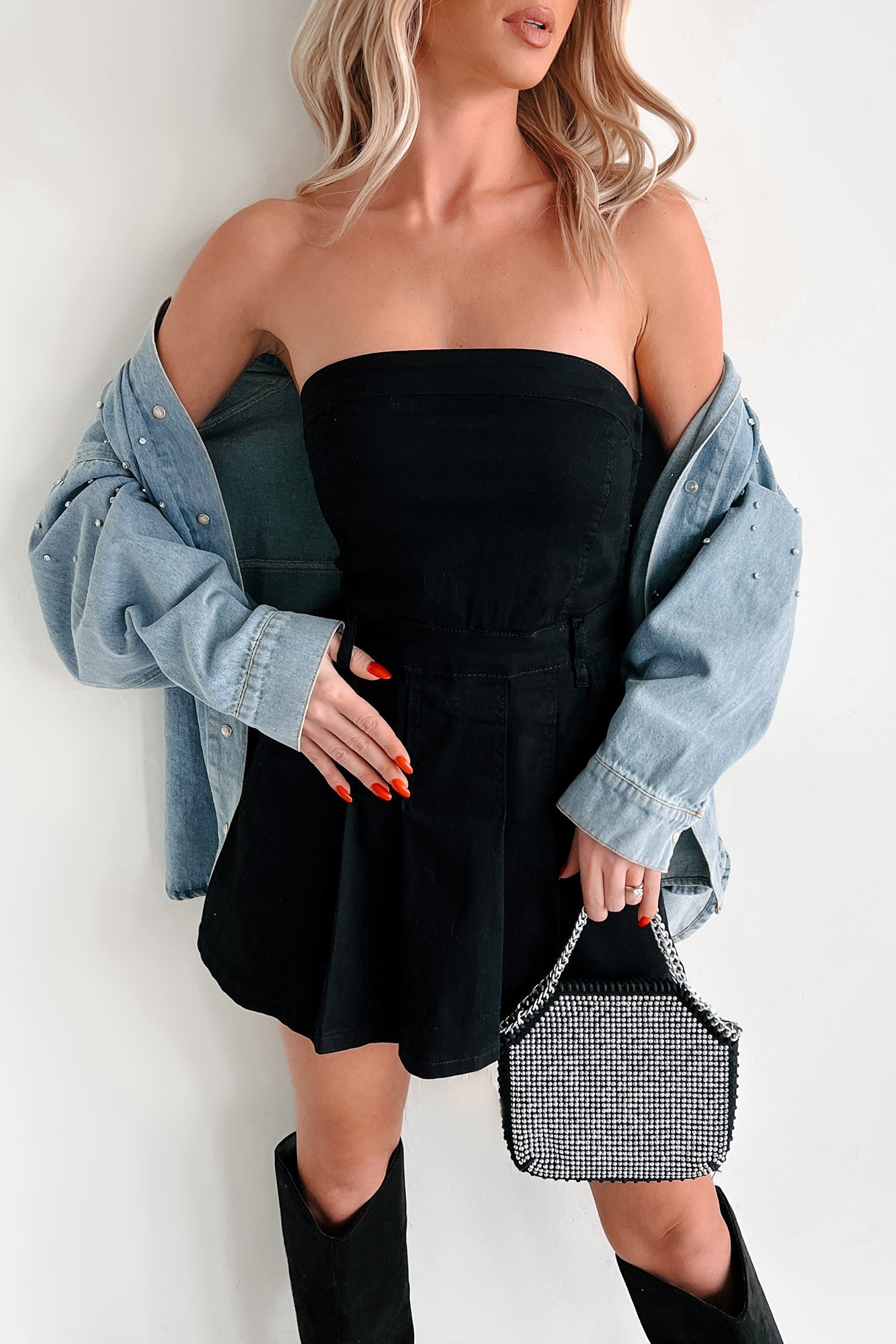 Vivid Dreams Shorts Lined Denim Mini Dress (Black)