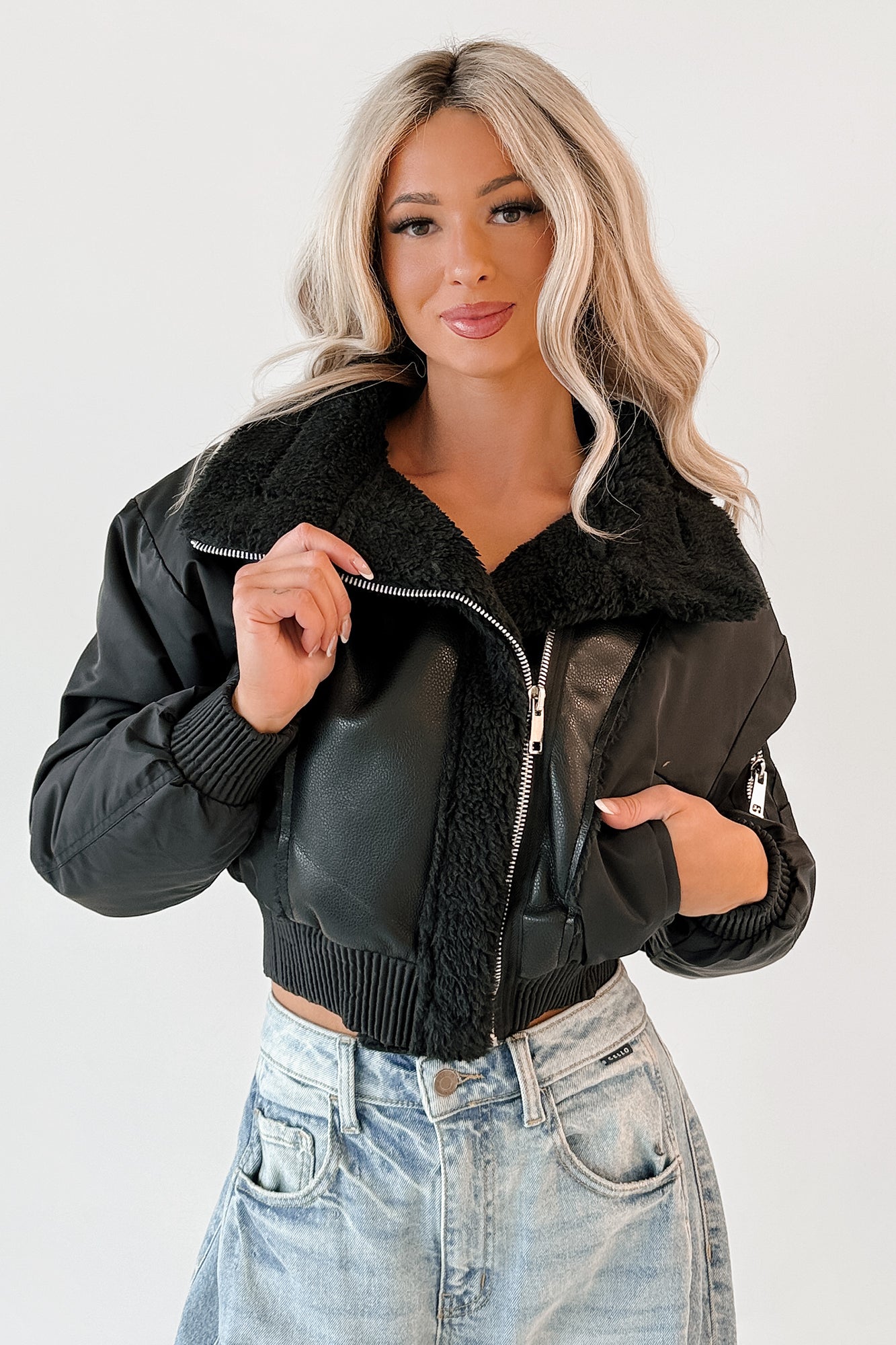 Untamed Icon Faux Leather Sherpa Jacket (Black)