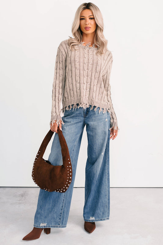Unwritten Future Cable Knit Fringe Zenana Sweater (Mocha)