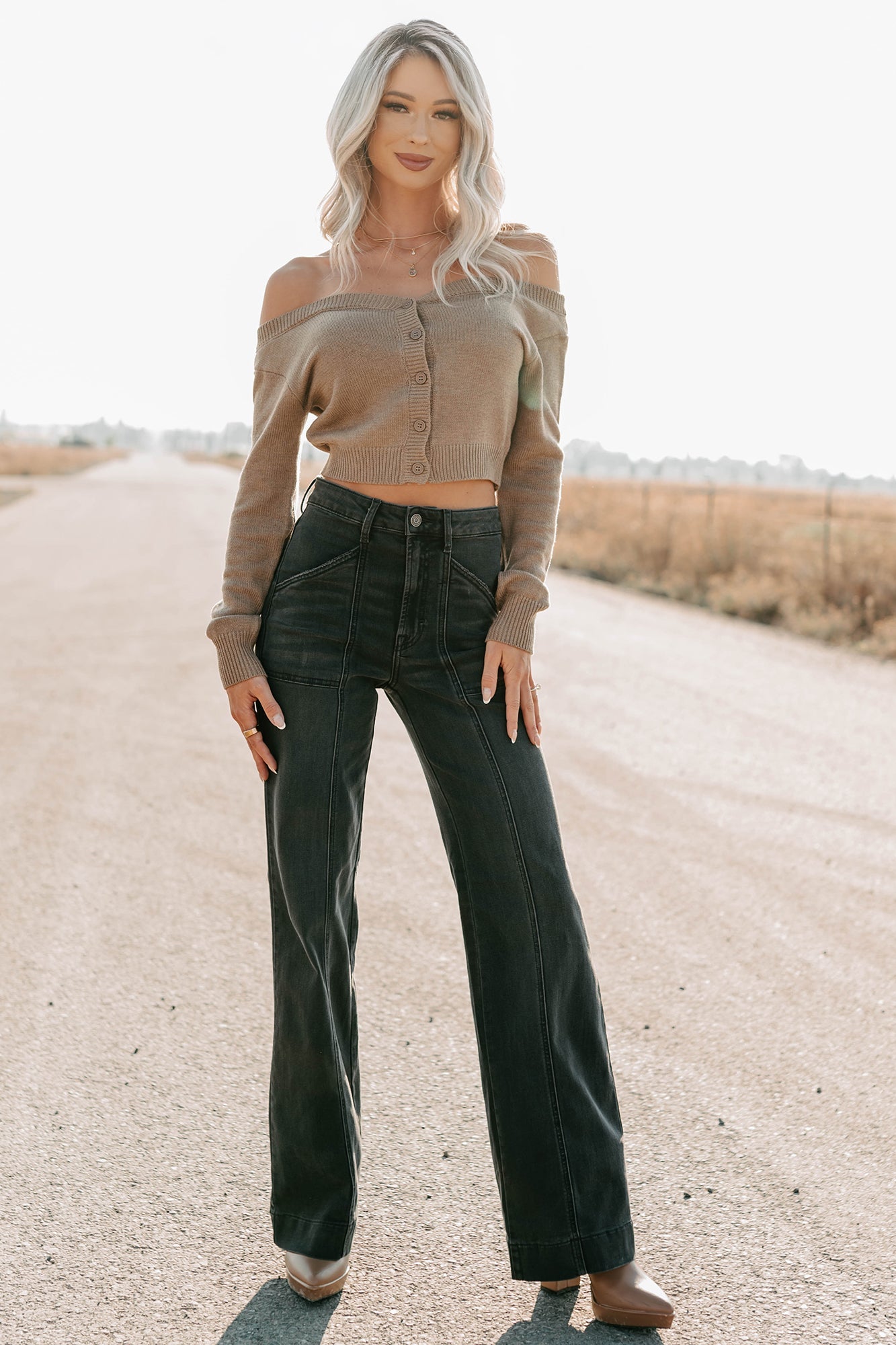 Stay Mine Off The Shoulder Buttoned Sweater Top (Dark Taupe)